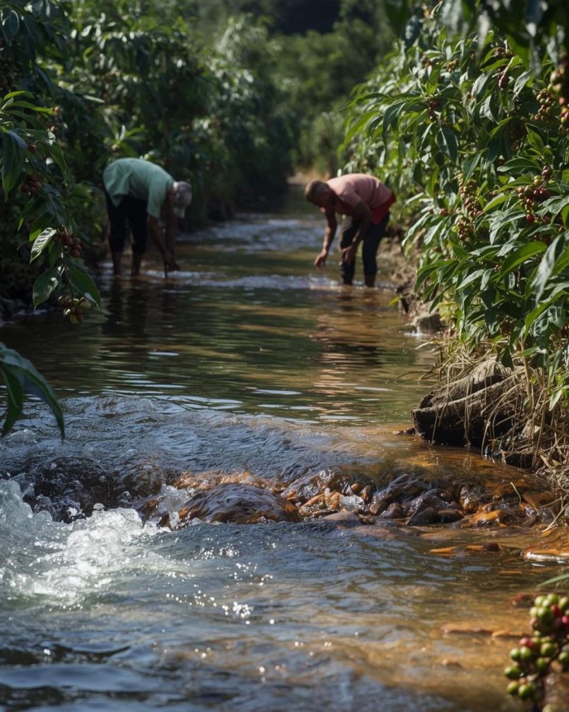 Petani kopi memproses ceri menggunakan air jernih, simbol kedaulatan air dan martabat ekonomi di hulu.