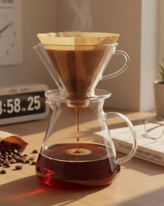 Proses seduh kopi metode V60 menggunakan filter kertas di atas meja kayu dengan cahaya matahari pagi, menunjukkan filtrasi minyak kopi untuk kesehatan kolesterol.