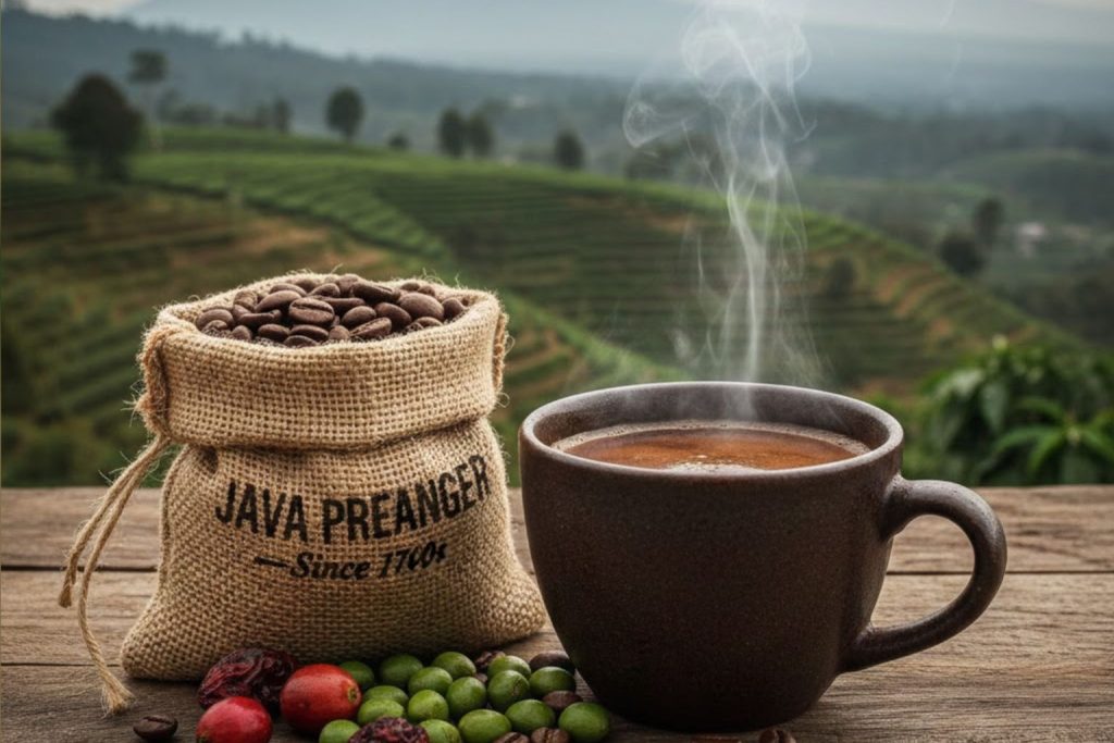 Secangkir kopi panas mengepul di atas meja kayu dengan latar belakang pemandangan pegunungan berkabut dan perkebunan kopi hijau di Jawa Barat, bersanding dengan karung kecil berisi biji kopi bertuliskan "Java Preanger".