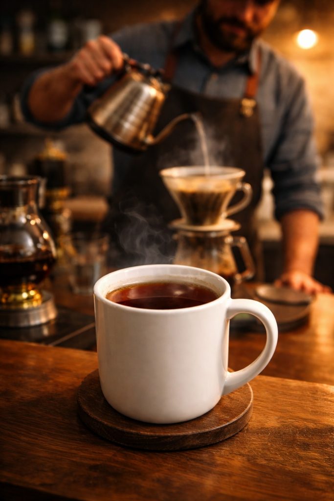 Close-up sinematik sebuah cangkir porselen berisi kopi filter yang jernih berwarna amber, dengan latar belakang samar seorang barista yang sedang menuangkan air dari teko leher angsa di sebuah kafe minimalis.