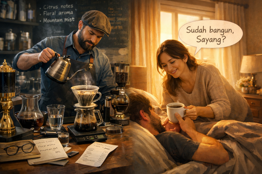 kebahagiaan sejati tetaplah sederhana. Sebab, tidak peduli seberapa keras barista itu mencoba meyakinkan Anda bahwa kopinya memiliki aroma "embun pagi di lereng gunung", bagi lidah yang sedang rindu, kopi paling mahal di dunia pun akan tetap kalah telak oleh secangkir kopi panas yang dibuatkan oleh seseorang yang tulus bertanya, "Sudah bangun, Sayang?"
