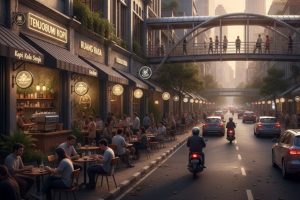 Ilustrasi digital pemandangan jalanan kota yang sibuk di sore hari dengan deretan kedai kopi modern yang menjamur di sepanjang trotoar
