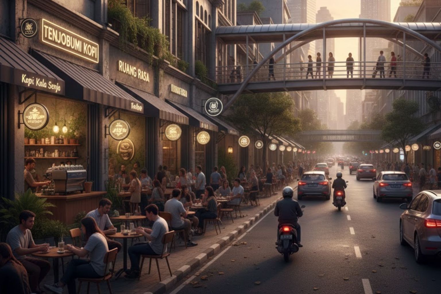 Ilustrasi digital pemandangan jalanan kota yang sibuk di sore hari dengan deretan kedai kopi modern yang menjamur di sepanjang trotoar
