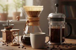 Ritual seduh manual Tenjo Bumi Kopi menggunakan jam pasir untuk melatih kesabaran.