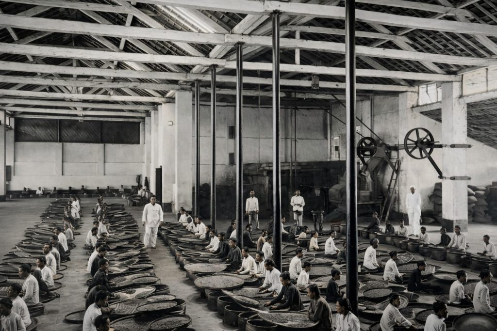 Foto hitam-putih hasil restorasi yang menampilkan suasana pabrik pengolahan kopi pada awal abad ke-20. Puluhan pekerja duduk berbaris rapi di dalam bangunan besar beratap kayu, memilah kopi menggunakan tampah besar.