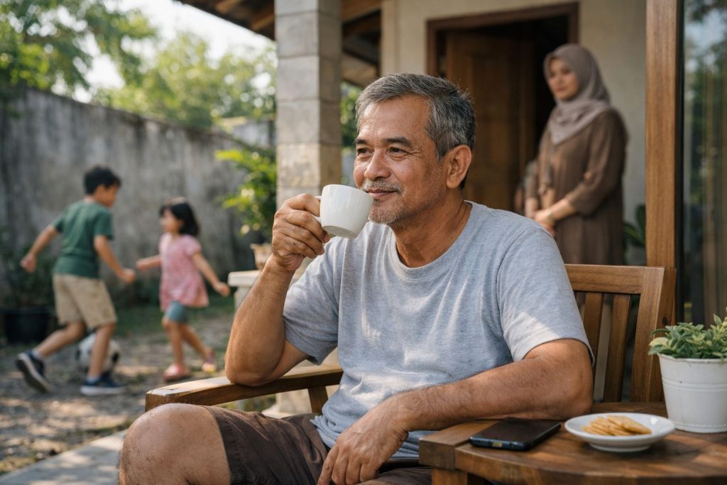 Buat fotorealistis hidup laki-laki yang sudah tenang sederhana sedang ngopi di beranda rumah yang bagus tapi tidak mewah, anak-anak bermain di samping rumah, istri yang memandang dari jauh