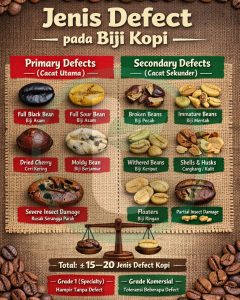 Jumlah “defect” pada biji kopi sebenarnya tidak satu angka tunggal, karena bergantung pada standar yang dipakai. Tapi kalau kita merujuk pada sistem yang paling umum di industri, yaitu standar dari Specialty Coffee Association, defect kopi dibagi menjadi 2 kategori besar