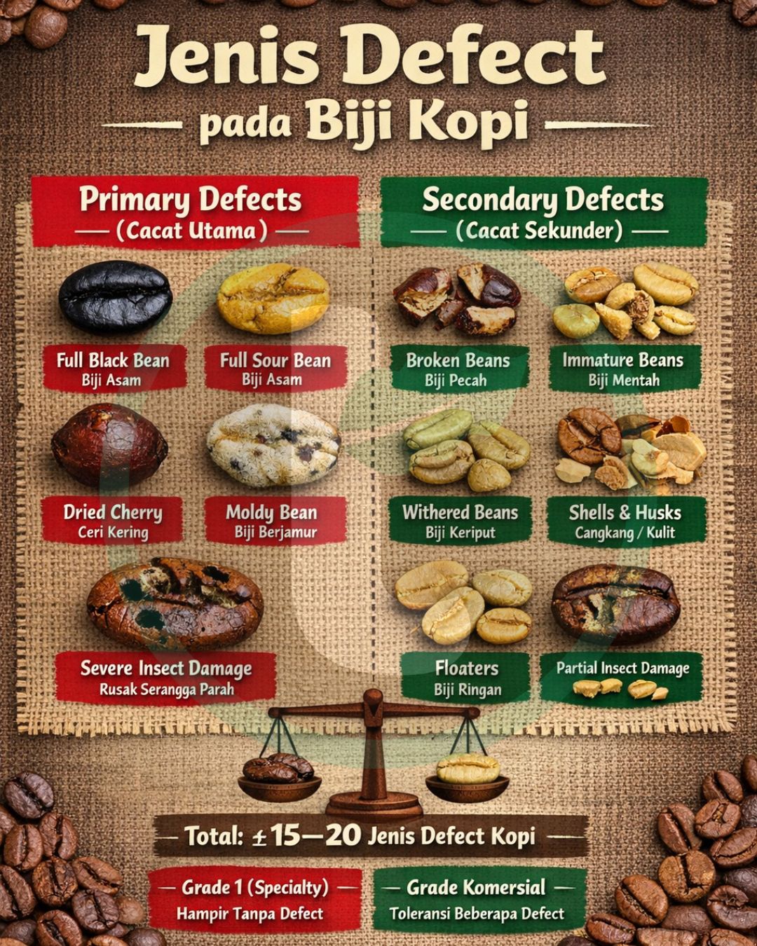 Defect Pada kopi Jumlah “defect” pada biji kopi sebenarnya tidak satu angka tunggal, karena bergantung pada standar yang dipakai. Tapi kalau kita merujuk pada sistem yang paling umum di industri, yaitu standar dari Specialty Coffee Association, defect kopi dibagi menjadi 2 kategori besar