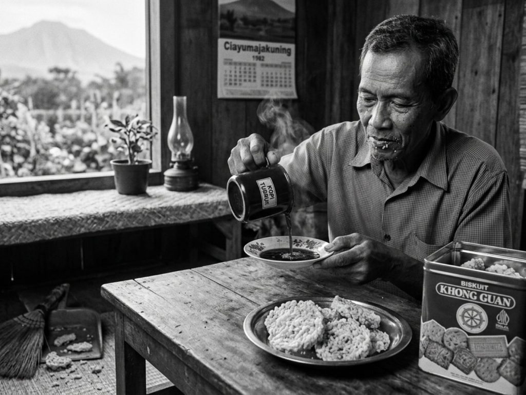Visual ini adalah perjalanan waktu yang sempurna ke era nostalgia. Di dalamnya, Bapak sedang mempraktikkan ritual "Kopi Balik" atau mencurahkan kopi dari gelas yang ditunggingkan ke pisin, sebuah teknik ikonik agar ampas kopi tubruk mengendap dan suhunya lebih cepat turun untuk diseruput. Pisin terlihat sudah penuh dengan kopi panas yang mengepul, dan sisa Rengginang yang renyah di atas piring di meja menunjukkan beliau baru saja menikmatinya. Semua elemen kunci hadir, termasuk kaleng Khong Guan merah yang legendaris dan sapu pengki yang "siaga" di lantai untuk remahan yang jatuh. Visual ini benar-benar menangkap suasana pagi yang tulus dan bersahaja di wilayah Ciayumajakuning.