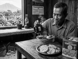 Visual ini adalah perjalanan waktu yang sempurna ke era nostalgia. Di dalamnya, Bapak sedang mempraktikkan ritual "Kopi Balik" atau mencurahkan kopi dari gelas yang ditunggingkan ke pisin—sebuah teknik ikonik agar ampas kopi tubruk mengendap dan suhunya lebih cepat turun untuk diseruput. Pisin terlihat sudah penuh dengan kopi panas yang mengepul, dan sisa Rengginang yang renyah di atas piring di meja menunjukkan beliau baru saja menikmatinya. Semua elemen kunci hadir, termasuk kaleng Khong Guan merah yang legendaris dan sapu pengki yang "siaga" di lantai untuk remahan yang jatuh. Visual ini benar-benar menangkap suasana pagi yang tulus dan bersahaja di wilayah Ciayumajakuning.