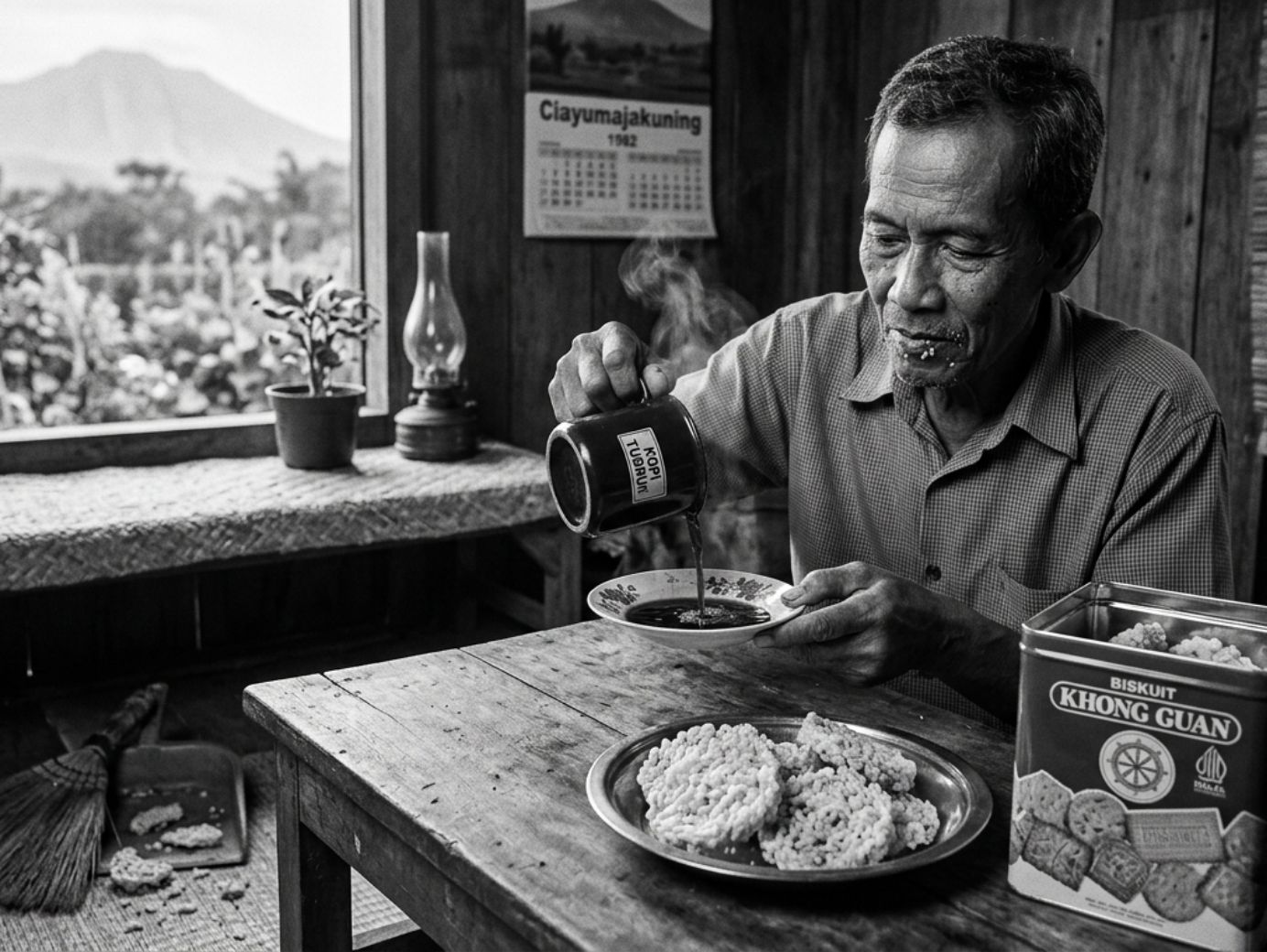 Visual ini adalah perjalanan waktu yang sempurna ke era nostalgia. Di dalamnya, Bapak sedang mempraktikkan ritual "Kopi Balik" atau mencurahkan kopi dari gelas yang ditunggingkan ke pisin—sebuah teknik ikonik agar ampas kopi tubruk mengendap dan suhunya lebih cepat turun untuk diseruput. Pisin terlihat sudah penuh dengan kopi panas yang mengepul, dan sisa Rengginang yang renyah di atas piring di meja menunjukkan beliau baru saja menikmatinya. Semua elemen kunci hadir, termasuk kaleng Khong Guan merah yang legendaris dan sapu pengki yang "siaga" di lantai untuk remahan yang jatuh. Visual ini benar-benar menangkap suasana pagi yang tulus dan bersahaja di wilayah Ciayumajakuning.