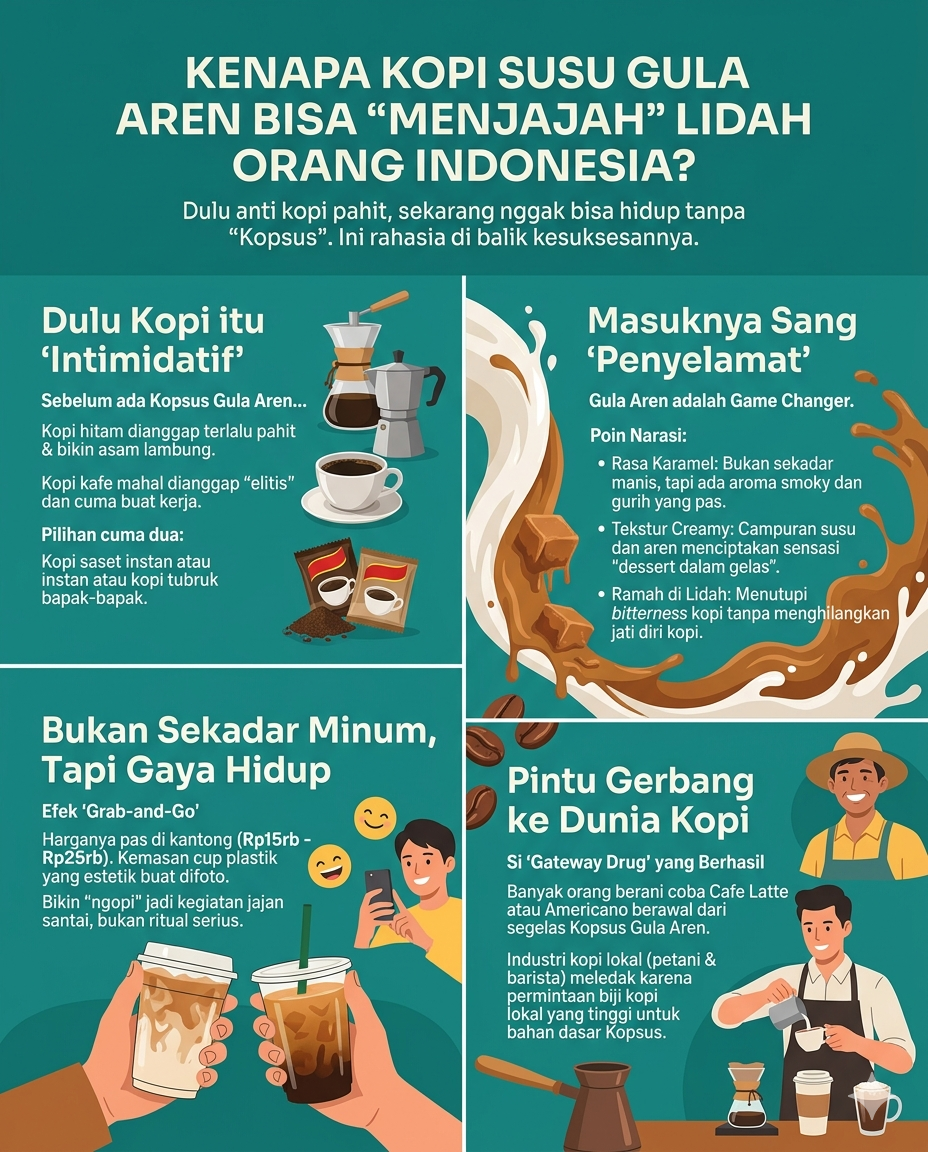 Kenapa kopi susu gula aren begitu populer? Ini alasan kopsus jadi pintu gerbang ke dunia kopi dan mengubah cara orang Indonesia menikmati kopi.